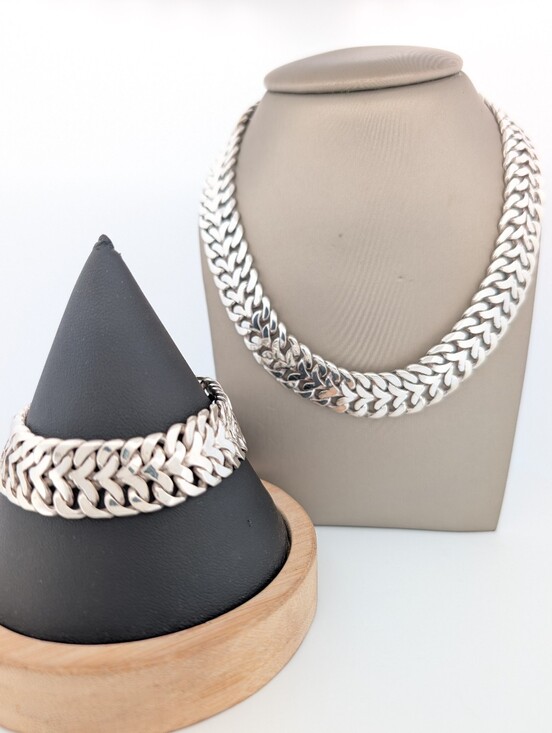 Taxco Jewelry - Vintage TAXCO .980 Silver Hefty Fancy Link Necklace & Bracelet Set